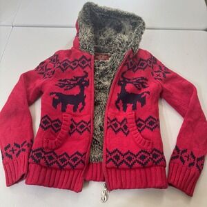 Y2K YISHION Red Reindeer Fair Isle Knit Hoodie Faux Fur Lined girl sz S‎ Holiday